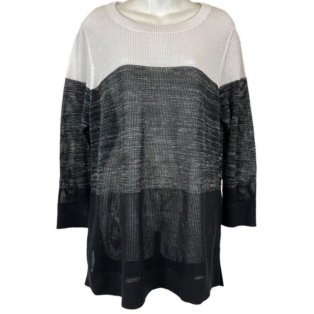 T by Talbots Womens White Black Loose Knit Long Sleeve Cotton Blend Sweater sz L